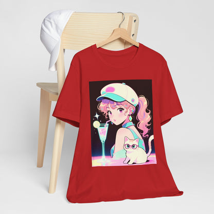 Retro Girl and Cat T Shirt Vaporwave Pastel Anime Shoujo Graphic Tee Neon Cocktail Aesthetic Kawaii Gift for Daughter or Dad Casual Streetwear