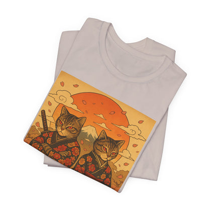 Samurai Cat T-Shirt - Floral Kimono Warrior with Katana | Japanese Ukiyo-e Style, Cherry Blossoms & Mount Fuji | Bold Cat Art Tee