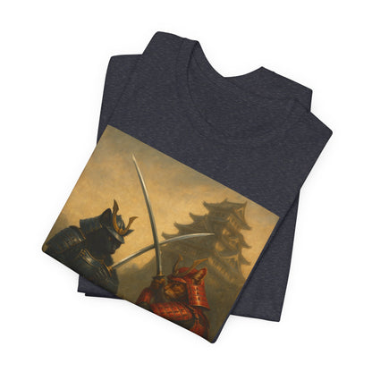 Epic Cat Samurai Battle Tee - War Horses Clash in Front of Japanese Castle  Feline Warrior Art Shirt for Fantasy & Japan Lovers