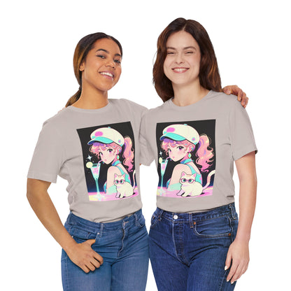 Retro Girl and Cat T Shirt Vaporwave Pastel Anime Shoujo Graphic Tee Neon Cocktail Aesthetic Kawaii Gift for Daughter or Dad Casual Streetwear