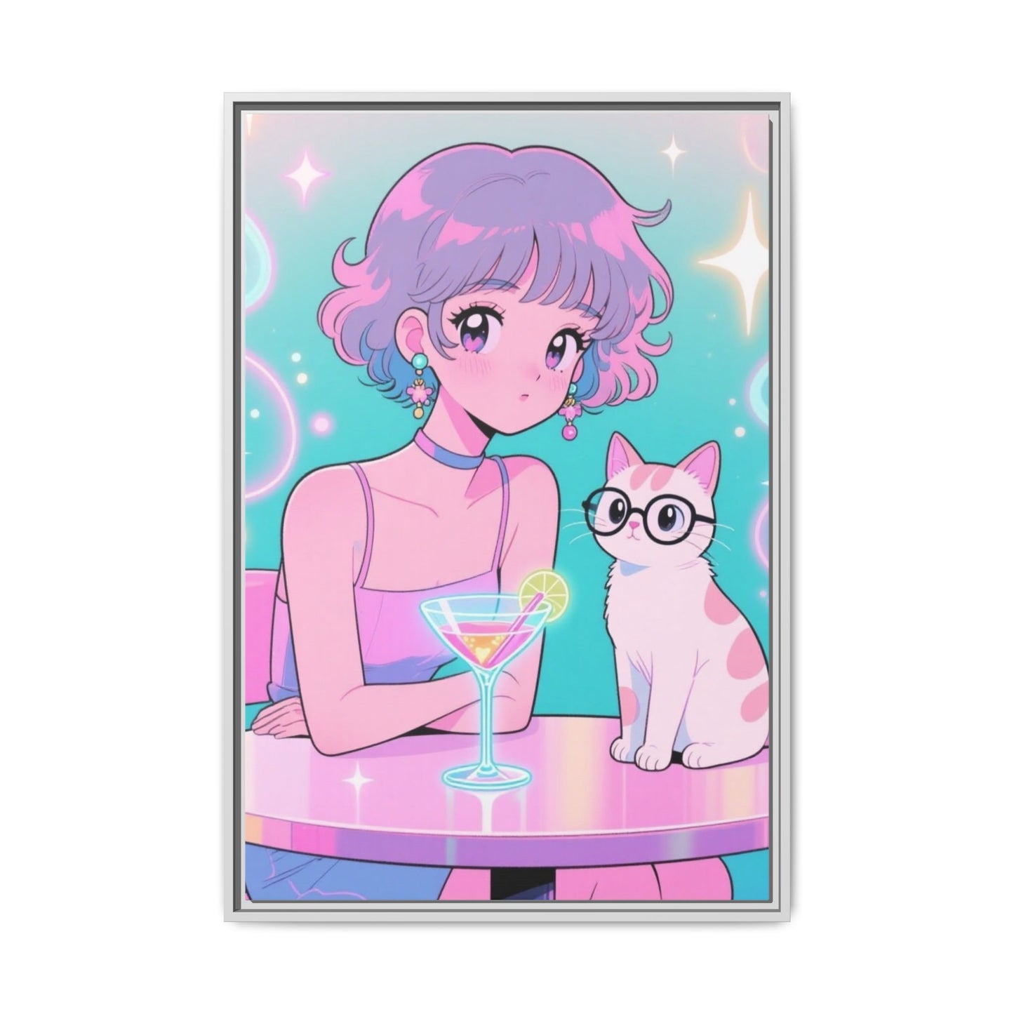 Anime Girl and Cat Canvas Pastel Neon Retro Shoujo Wall Art Kawaii Cocktail Aesthetic Gift for Daughter or Dad