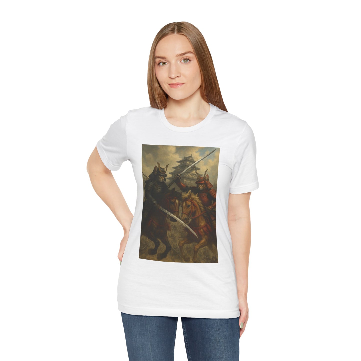Epic Cat Samurai Battle Tee - War Horses Clash in Front of Japanese Castle  Feline Warrior Art Shirt for Fantasy & Japan Lovers