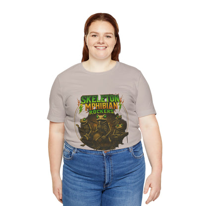 Skeleton Amphibian Rockers Album Cover Tee - Green Eyed Skeleton Frog Band Vocal Guitar Piano Drums Rock Art Shirt