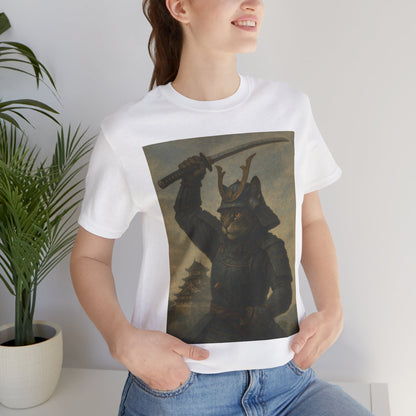 Cat Samurai Strike Tee | Epic Armored Feline Raising Katana | Japanese Warrior Art Unisex Shirt