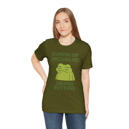 Running on Dreams and Snooze Buttons Shirt Sleepy Frog Tee Funny Night Owl Top Great Dad Gift Cozy Loungewear Aesthetic