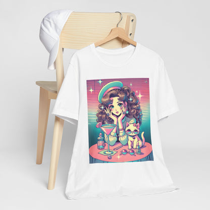 Retro Girl and Cat Graphic Tee Vaporwave Pastel Aesthetic Cocktail Lounge 80s Inspired Shoujo Style T Shirt Gift for Daughter or Dad