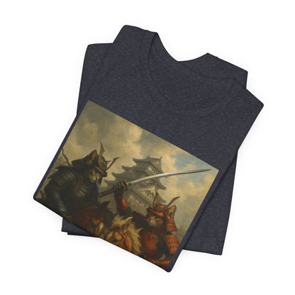 Epic Cat Samurai Battle Tee - War Horses Clash in Front of Japanese Castle  Feline Warrior Art Shirt for Fantasy & Japan Lovers