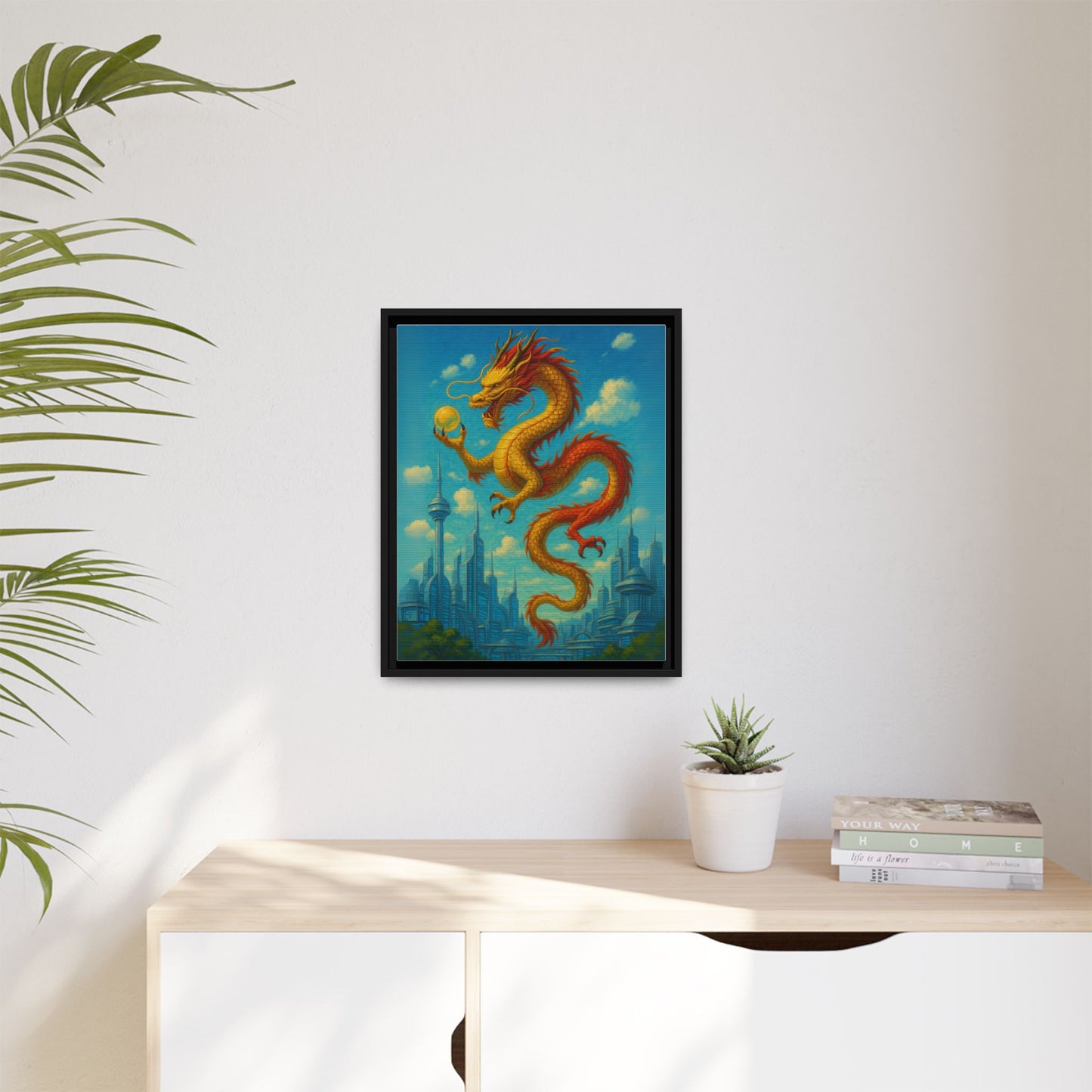 Neo Tokyo Golden Dragon Canvas Wall Art Japan Inspired Skyline Painting Feng Shui Good Luck Decor Dragon Pearl Gift for Dad