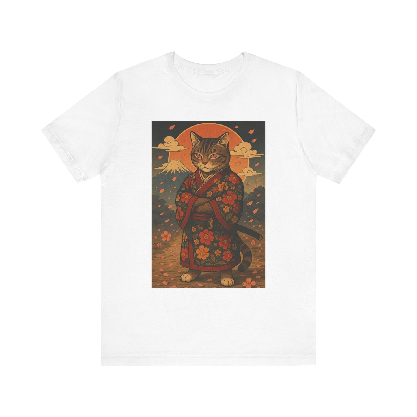 Samurai Cat T-Shirt - Floral Kimono Warrior with Katana | Japanese Ukiyo-e Style, Cherry Blossoms & Mount Fuji | Bold Cat Art Tee