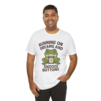 Running on Dreams and Snooze Buttons Shirt Sleepy Frog Tee Funny Night Owl Top Great Dad Gift Cozy Loungewear Aesthetic