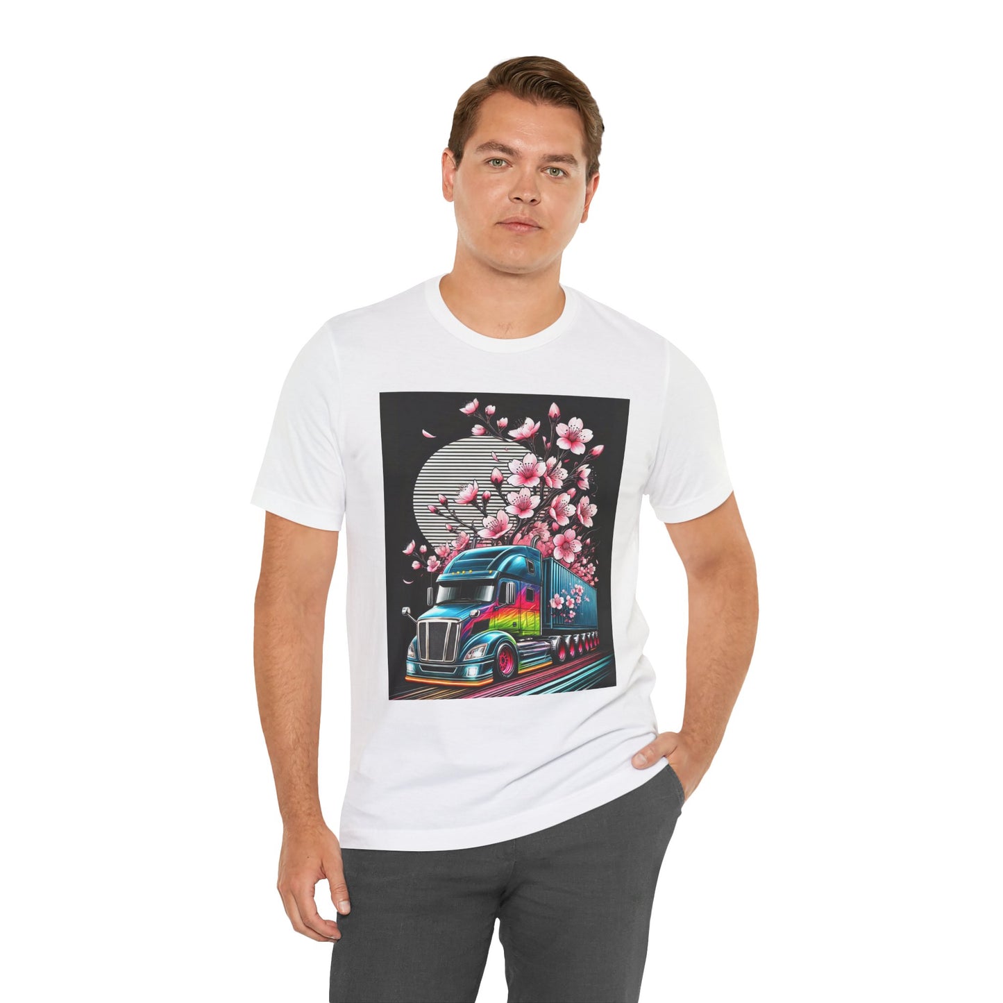 Cherry Blossom Convoy T-Shirt | Japanese Sakura x Modern Truck Art | Unique Graphic Tee for Drivers & Streetwear Lovers No.003