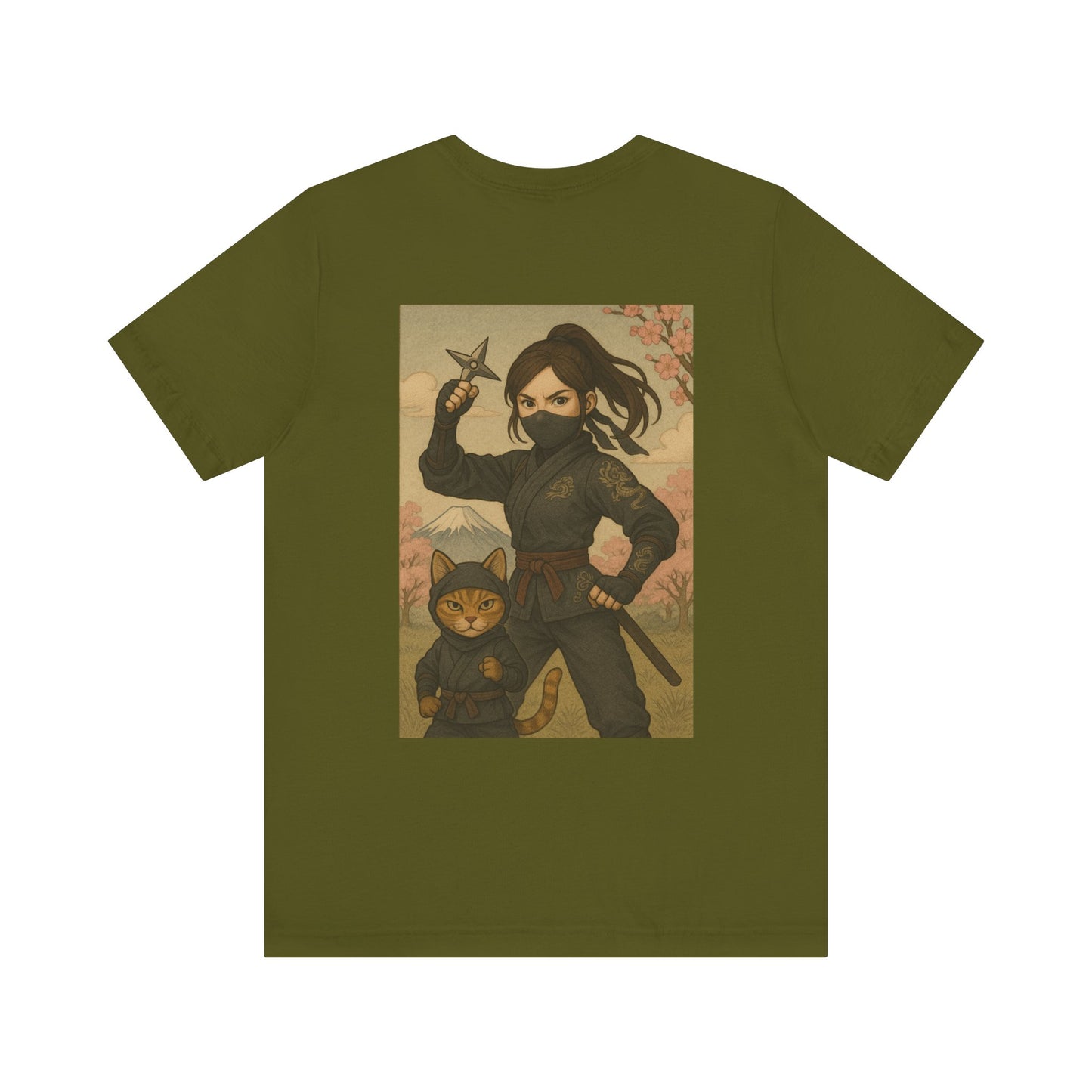 Ninja and Cat T-Shirt - Female Ninja in Black Outfit with Shuriken-Japanese Samurai Style, Mount Fuji, Cherry Blossoms-Cool Unisex Anime Tee