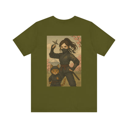 Ninja and Cat T-Shirt - Female Ninja in Black Outfit with Shuriken-Japanese Samurai Style, Mount Fuji, Cherry Blossoms-Cool Unisex Anime Tee