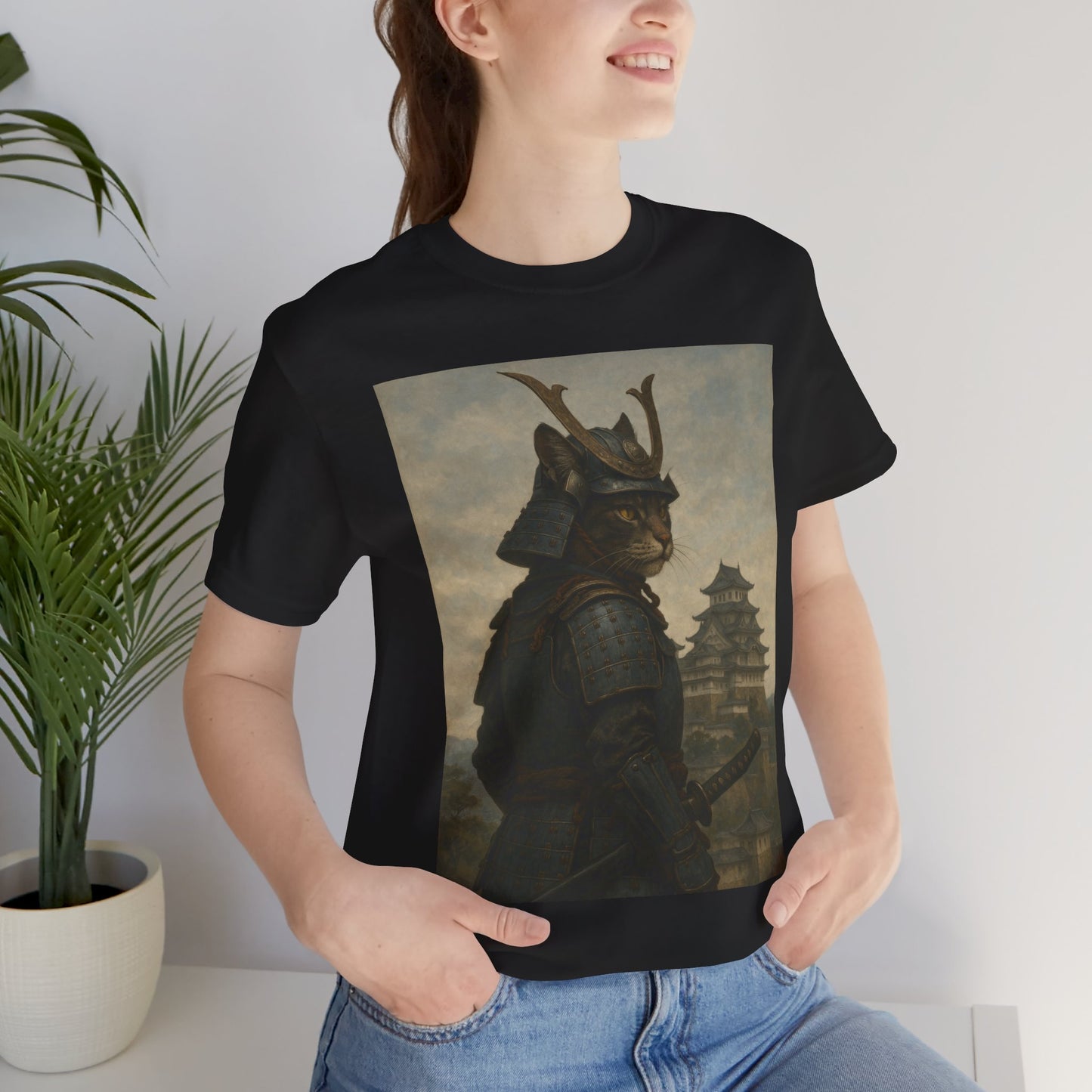 Cat Samurai Vigil Tee | Armored Feline Warrior w/ Castle Backdrop | Japanese Art Unisex Shirt