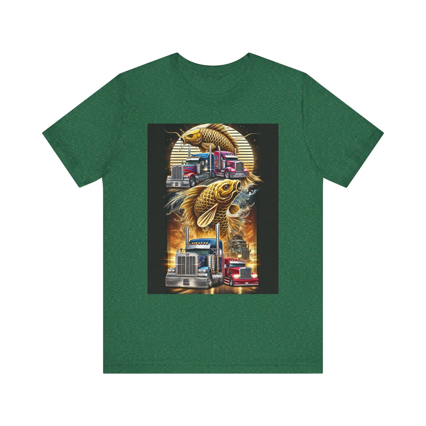 Bold Koi & Truck Fusion T-Shirt | Japanese Golden Carp AND Convoy Art Tee | Vibrant Streetwear for Truckers AND Tattoo Fans