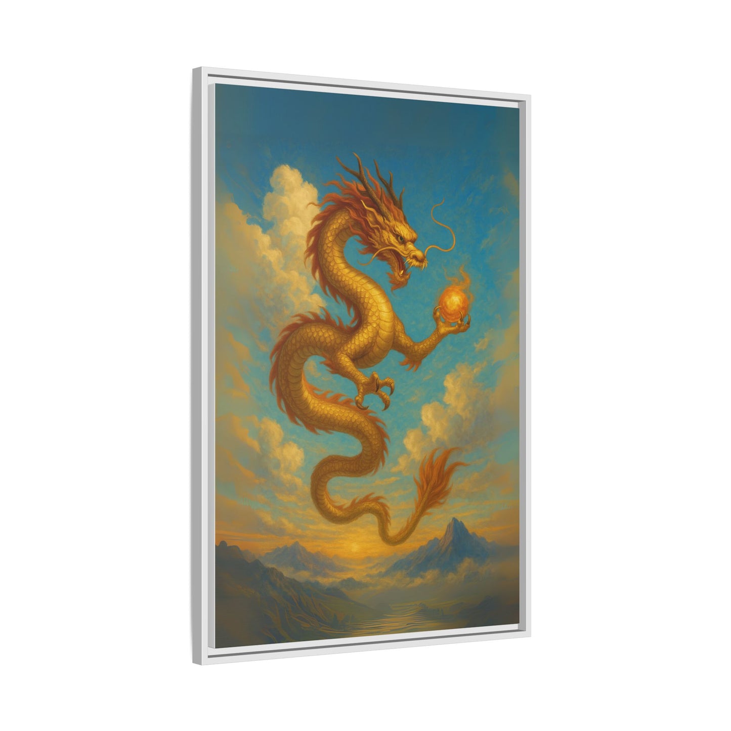 Golden Dragon Canvas Feng Shui Wall Art Asian Myth Painting Sky Cloud Mountain Good Luck Decor Gift for Dad Living Room Office