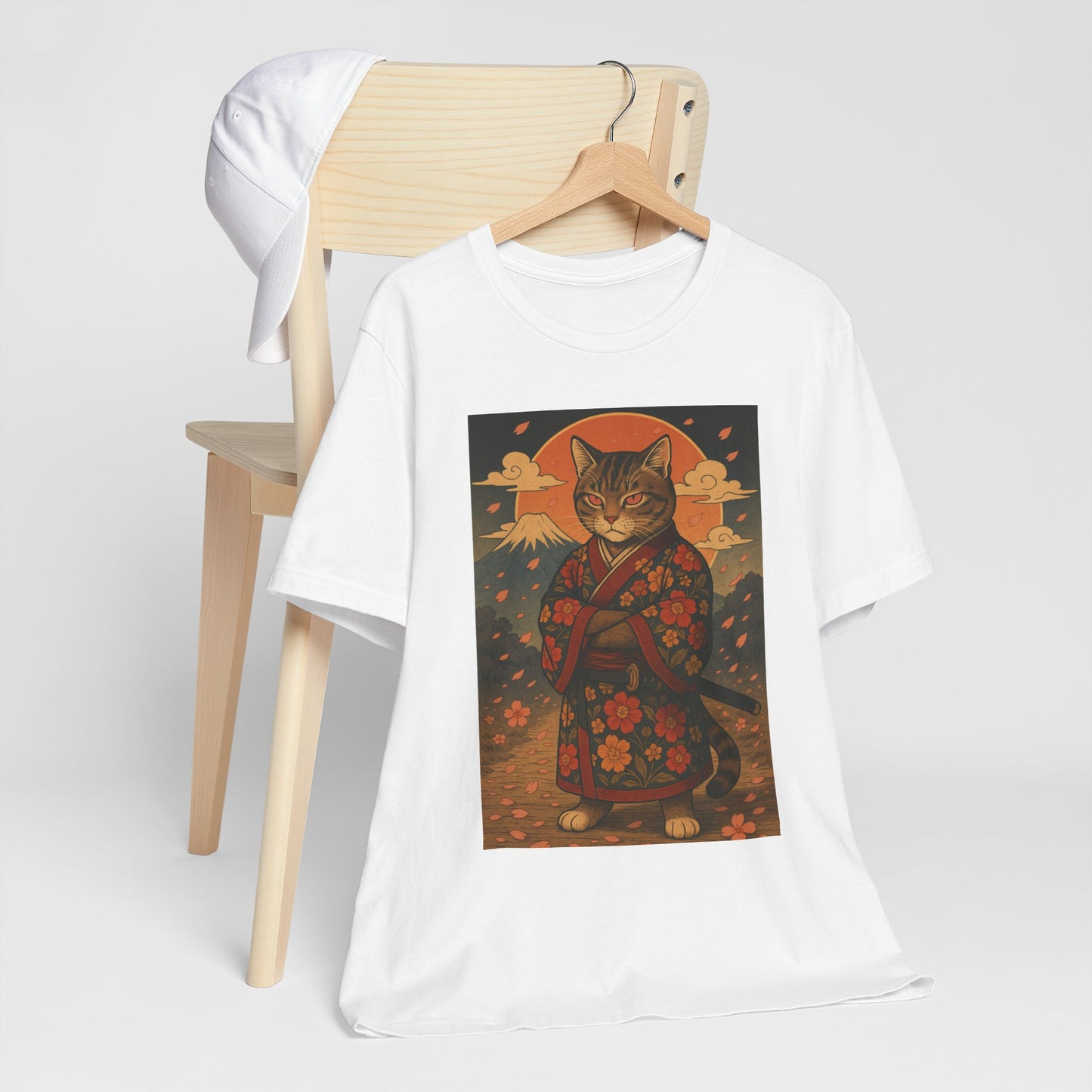 Samurai Cat T-Shirt - Floral Kimono Warrior with Katana | Japanese Ukiyo-e Style, Cherry Blossoms & Mount Fuji | Bold Cat Art Tee