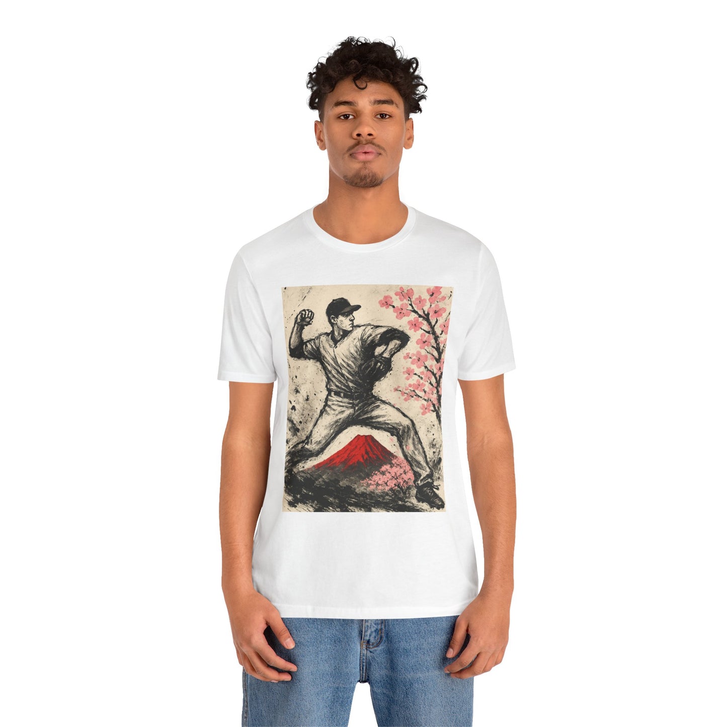 Pro Baseball Pitcher Sumi Ink Art Shirt Fuji Sakura Retro Japanese Print Windup Fastball Tee Japan Inspired Sports Art Gift for Dad
