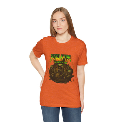 Skeleton Amphibian Rockers Album Cover Tee - Green Eyed Skeleton Frog Band Vocal Guitar Piano Drums Rock Art Shirt