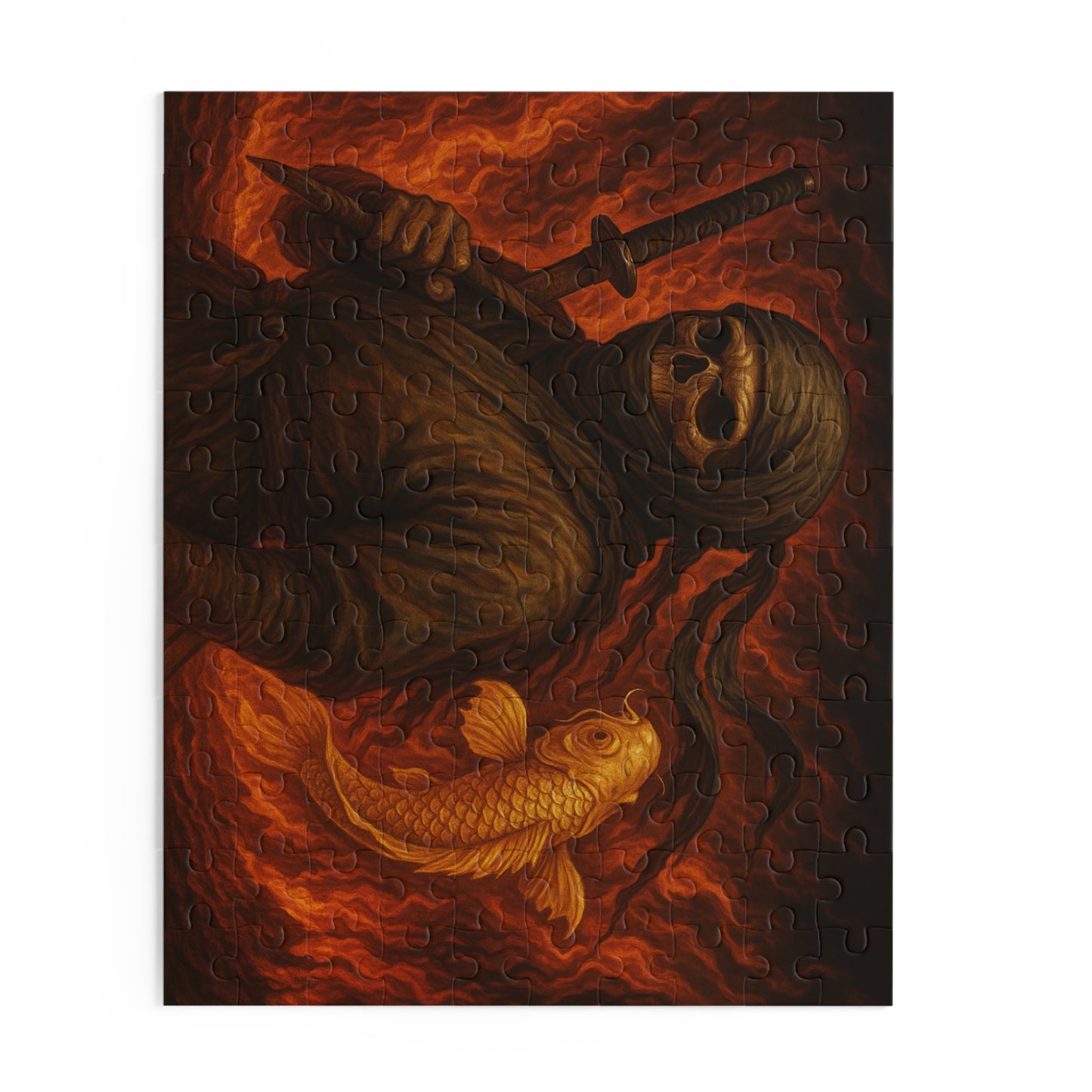 Dark Ninja Skull Puzzle-Gothic Japanese Horror Art, Golden Koi & Fire, High-Detail Mystery Warrior Jigsaw for Adults, Unique Gift Idea