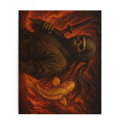 Dark Ninja Skull Puzzle-Gothic Japanese Horror Art, Golden Koi & Fire, High-Detail Mystery Warrior Jigsaw for Adults, Unique Gift Idea