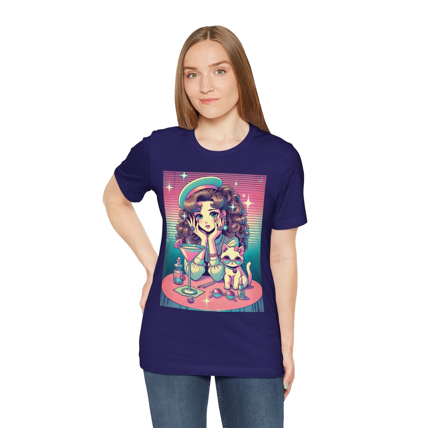 Retro Girl and Cat Graphic Tee Vaporwave Pastel Aesthetic Cocktail Lounge 80s Inspired Shoujo Style T Shirt Gift for Daughter or Dad