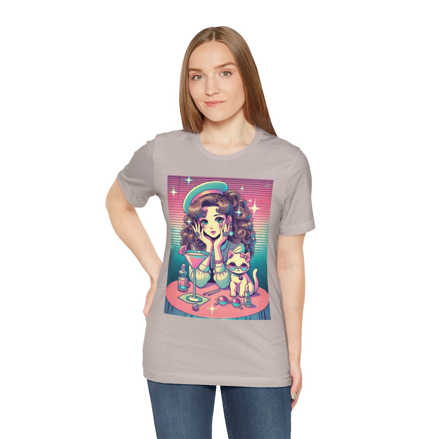 Retro Girl and Cat Graphic Tee Vaporwave Pastel Aesthetic Cocktail Lounge 80s Inspired Shoujo Style T Shirt Gift for Daughter or Dad