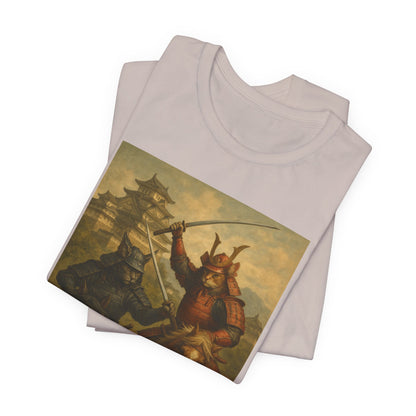 Epic Cat Samurai Battle Tee - War Horses Clash in Front of Japanese Castle  Feline Warrior Art Shirt for Fantasy & Japan Lovers