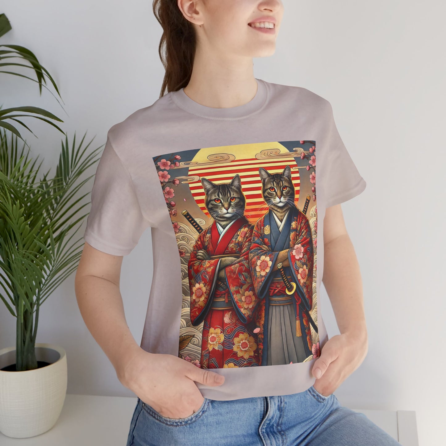 Samurai Cat T-Shirt - Floral Kimono Warrior with Katana | Japanese Ukiyo-e Style, Cherry Blossoms & Mount Fuji | Bold Cat Art Tee