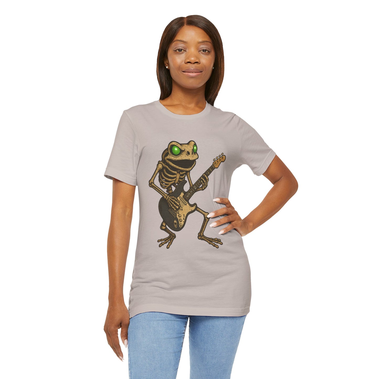Skeleton Frog Shredding Electric Guitar Tee - Glowing Green Eyes Rock Art Shirt for Musicians Frog Lovers and Gothic Punk Style