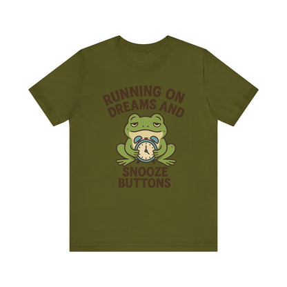 Running on Dreams and Snooze Buttons Shirt Sleepy Frog Tee Funny Night Owl Top Great Dad Gift Cozy Loungewear Aesthetic
