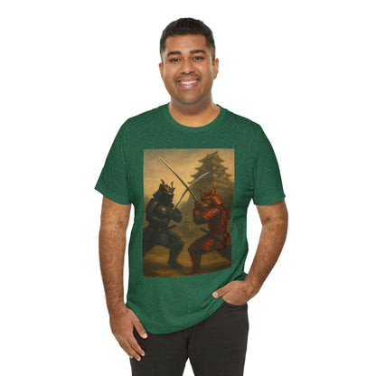 Epic Cat Samurai Battle Tee - War Horses Clash in Front of Japanese Castle  Feline Warrior Art Shirt for Fantasy & Japan Lovers