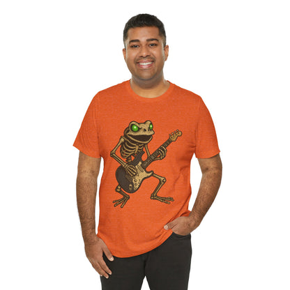 Skeleton Frog Shredding Electric Guitar Tee - Glowing Green Eyes Rock Art Shirt for Musicians Frog Lovers and Gothic Punk Style