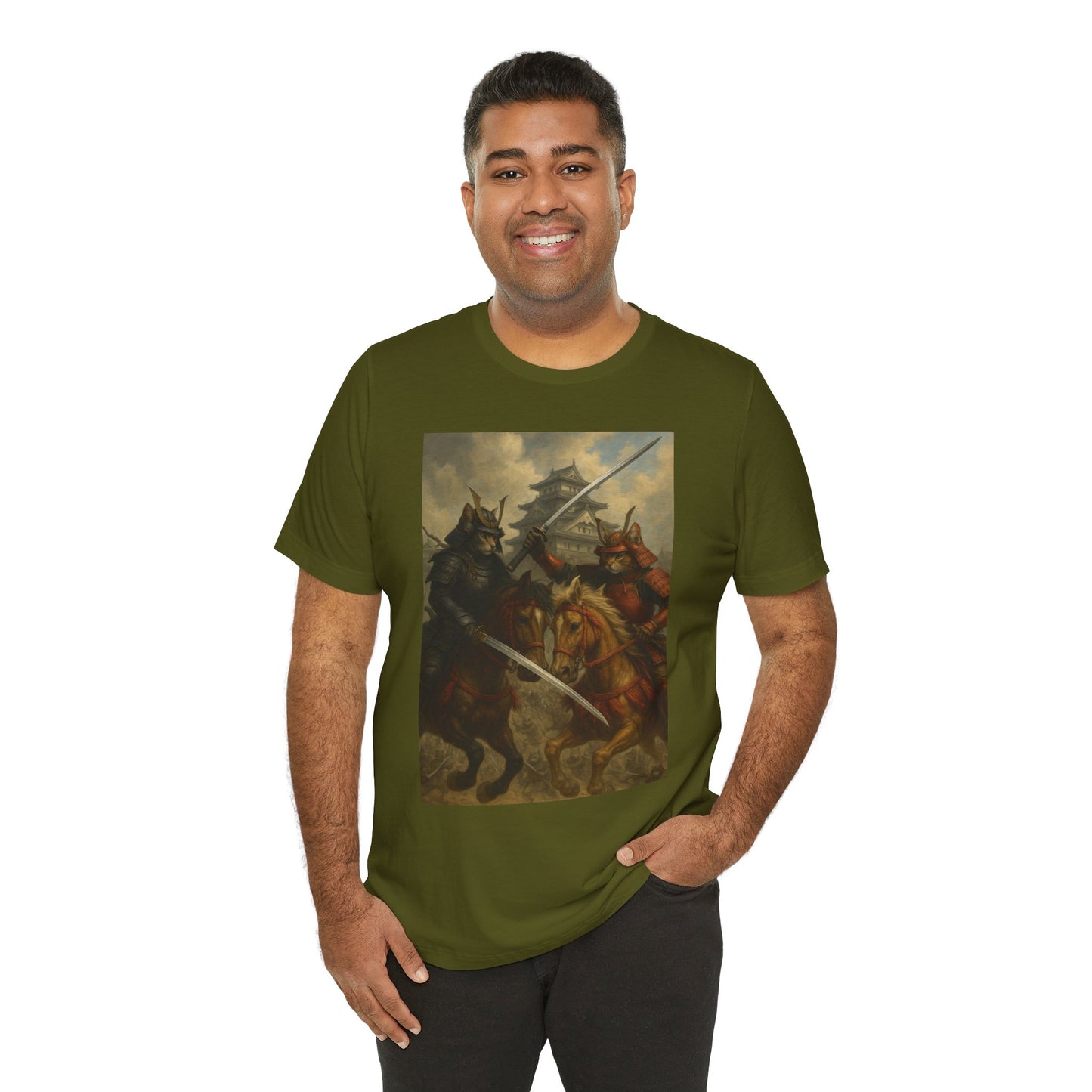 Epic Cat Samurai Battle Tee - War Horses Clash in Front of Japanese Castle  Feline Warrior Art Shirt for Fantasy & Japan Lovers