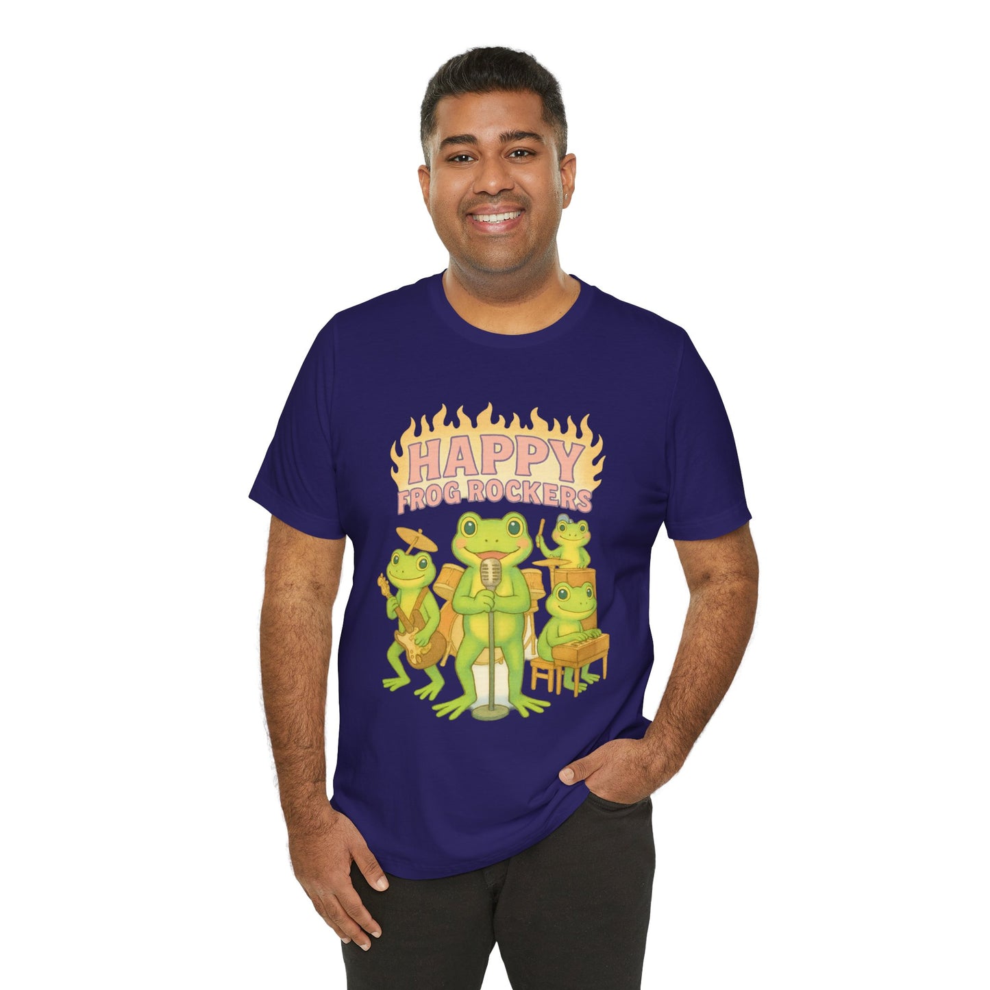 Happy Frog Rockers Album Cover Tee Cute Frog Band Shirt Vocal Guitar Piano Drums Pastel Art Gift for Music Lovers