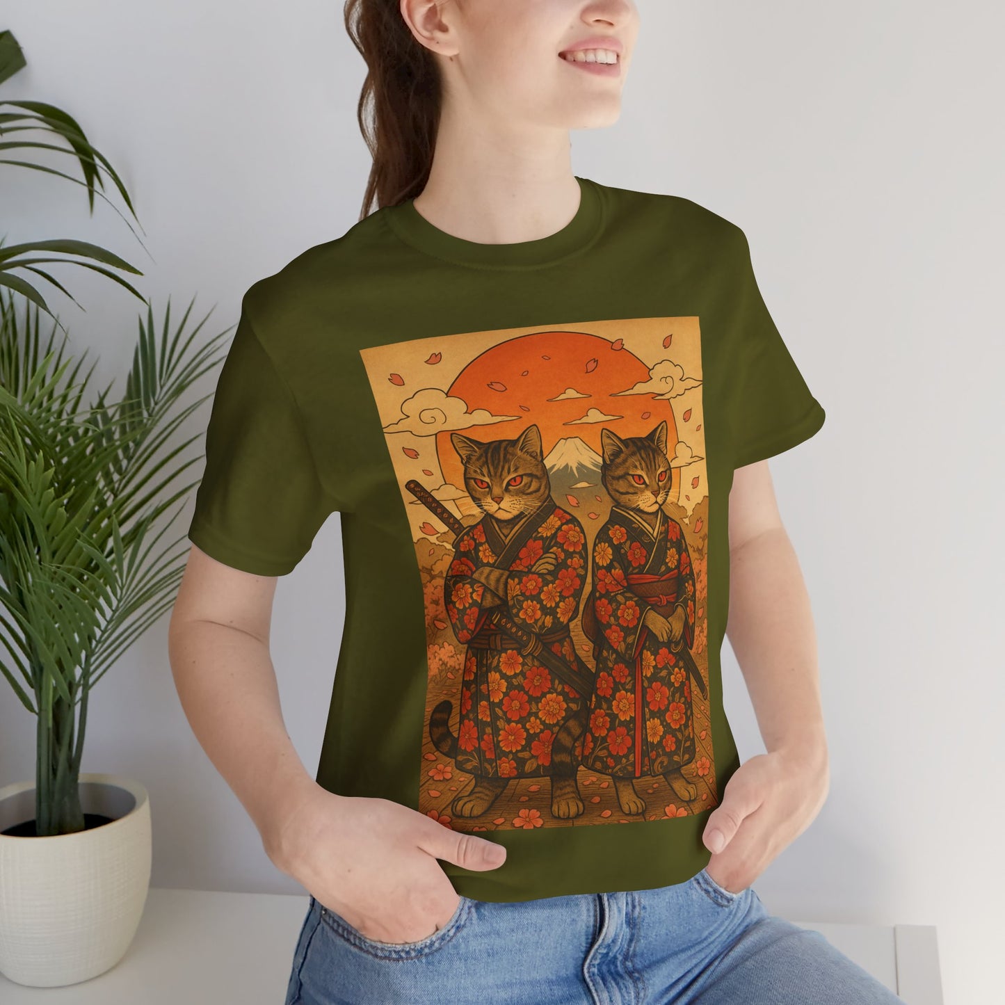 Samurai Cat T-Shirt - Floral Kimono Warrior with Katana | Japanese Ukiyo-e Style, Cherry Blossoms & Mount Fuji | Bold Cat Art Tee
