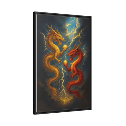 Golden and Red Twin Dragons Canvas Feng Shui Wall Art Lightning Storm Dragon Pearl Good Luck Decor Gift for Dad Living Room