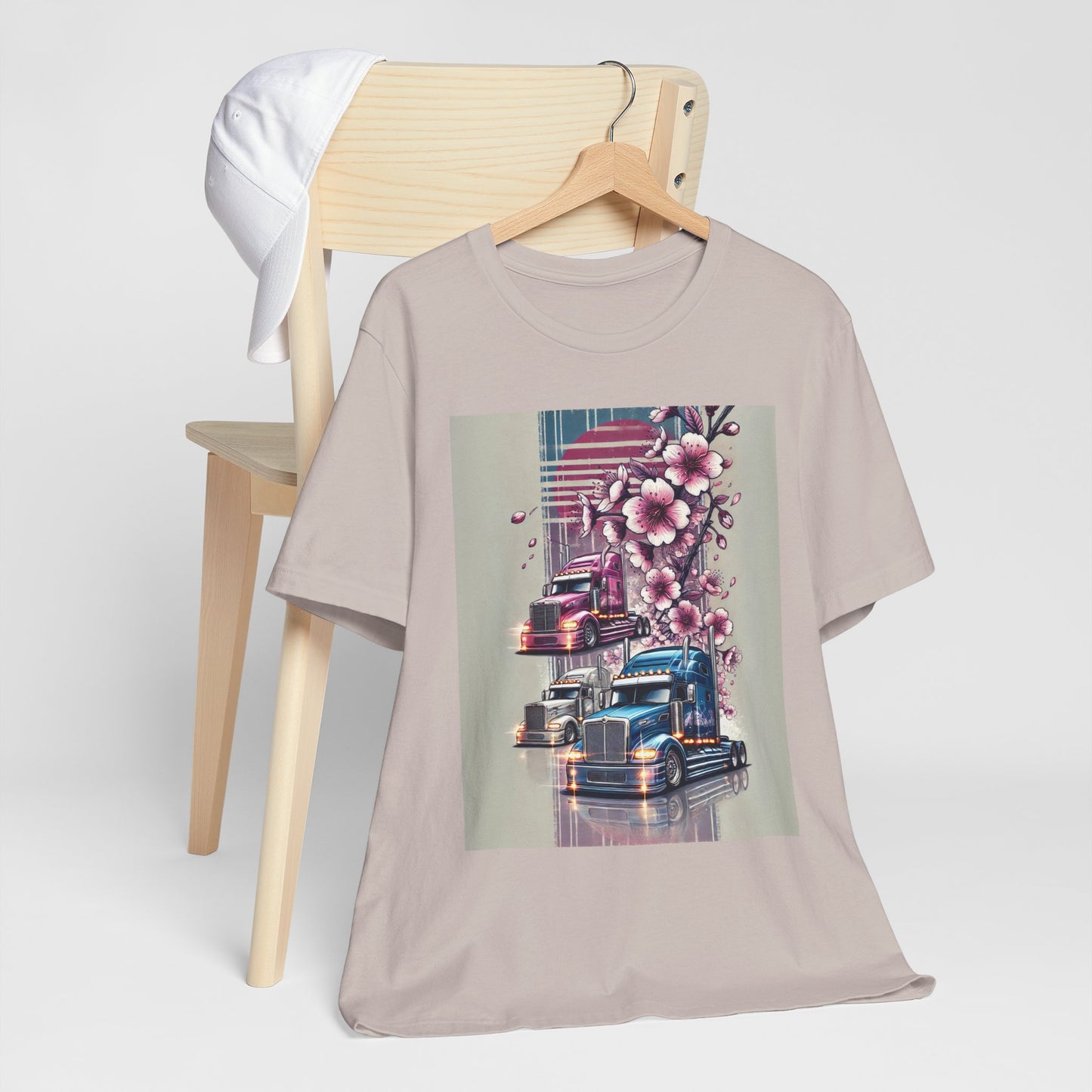 Cherry Blossom Convoy T-Shirt | Japanese Sakura x Modern Truck Art | Unique Graphic Tee for Drivers & Streetwear Lovers No.004