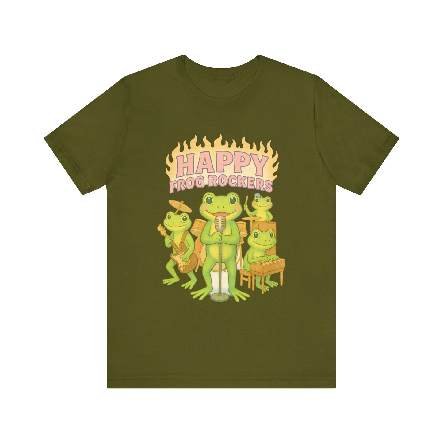 Happy Frog Rockers Album Cover Tee Cute Frog Band Shirt Vocal Guitar Piano Drums Pastel Art Gift for Music Lovers
