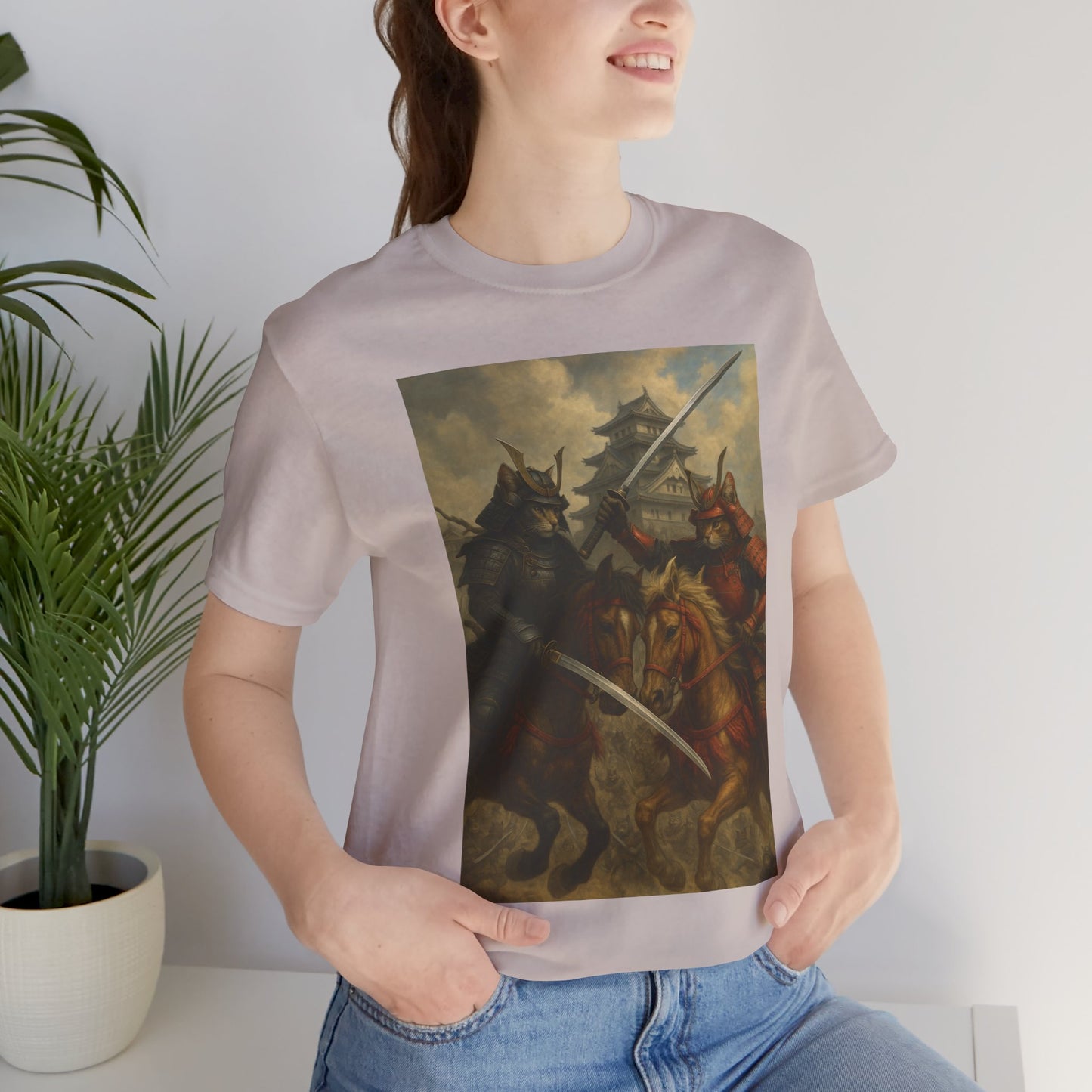 Epic Cat Samurai Battle Tee - War Horses Clash in Front of Japanese Castle  Feline Warrior Art Shirt for Fantasy & Japan Lovers