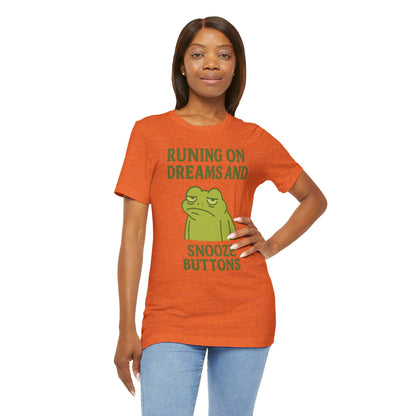Running on Dreams and Snooze Buttons Shirt Sleepy Frog Tee Funny Night Owl Top Great Dad Gift Cozy Loungewear Aesthetic