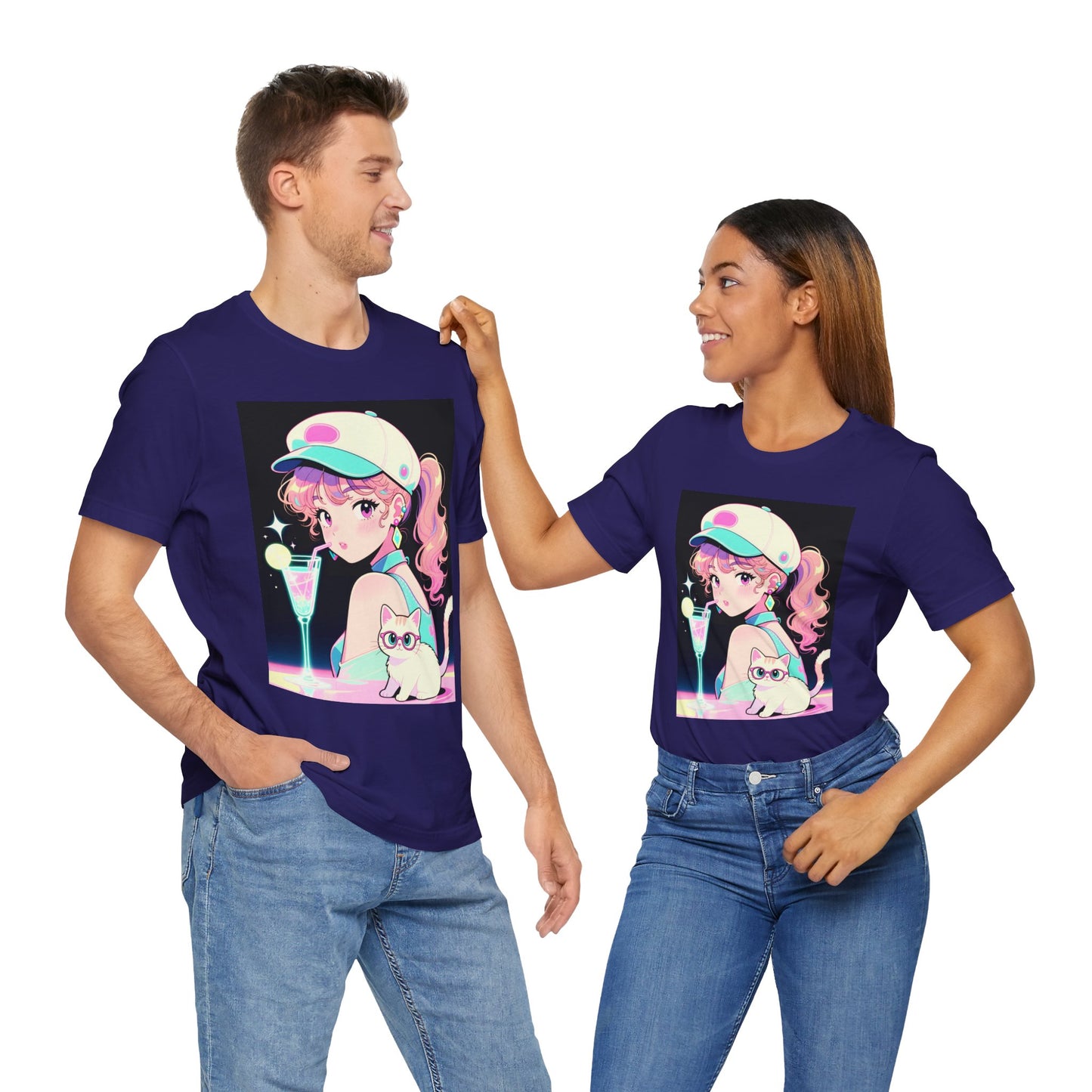 Retro Girl and Cat T Shirt Vaporwave Pastel Anime Shoujo Graphic Tee Neon Cocktail Aesthetic Kawaii Gift for Daughter or Dad Casual Streetwear