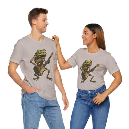 Skeleton Frog Shredding Electric Guitar Tee - Glowing Green Eyes Rock Art Shirt for Musicians Frog Lovers and Gothic Punk Style