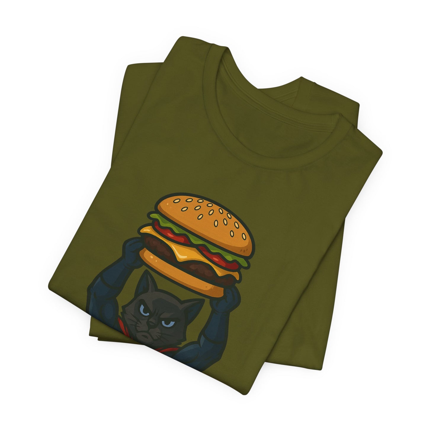 Superhero Cat Holding Cheeseburger T-Shirt - Funny Comic Style Tee for Burger Lovers - Unique Hero Cat Graphic Shirt - Unisex Gift