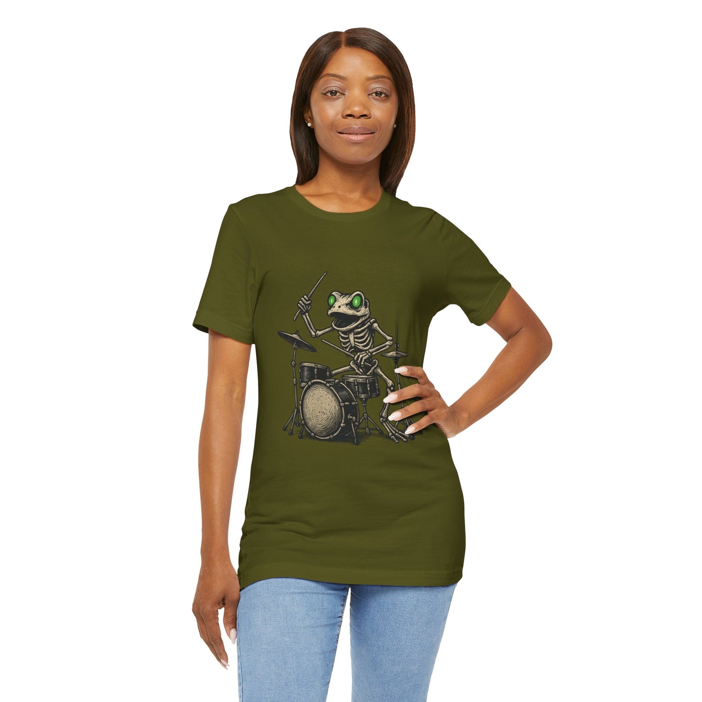 Skeleton Frog Drummer Shirt with Glowing Green Eyes Rock Band Art Tee for Musicians Frog Lovers Halloween and Concert Wear