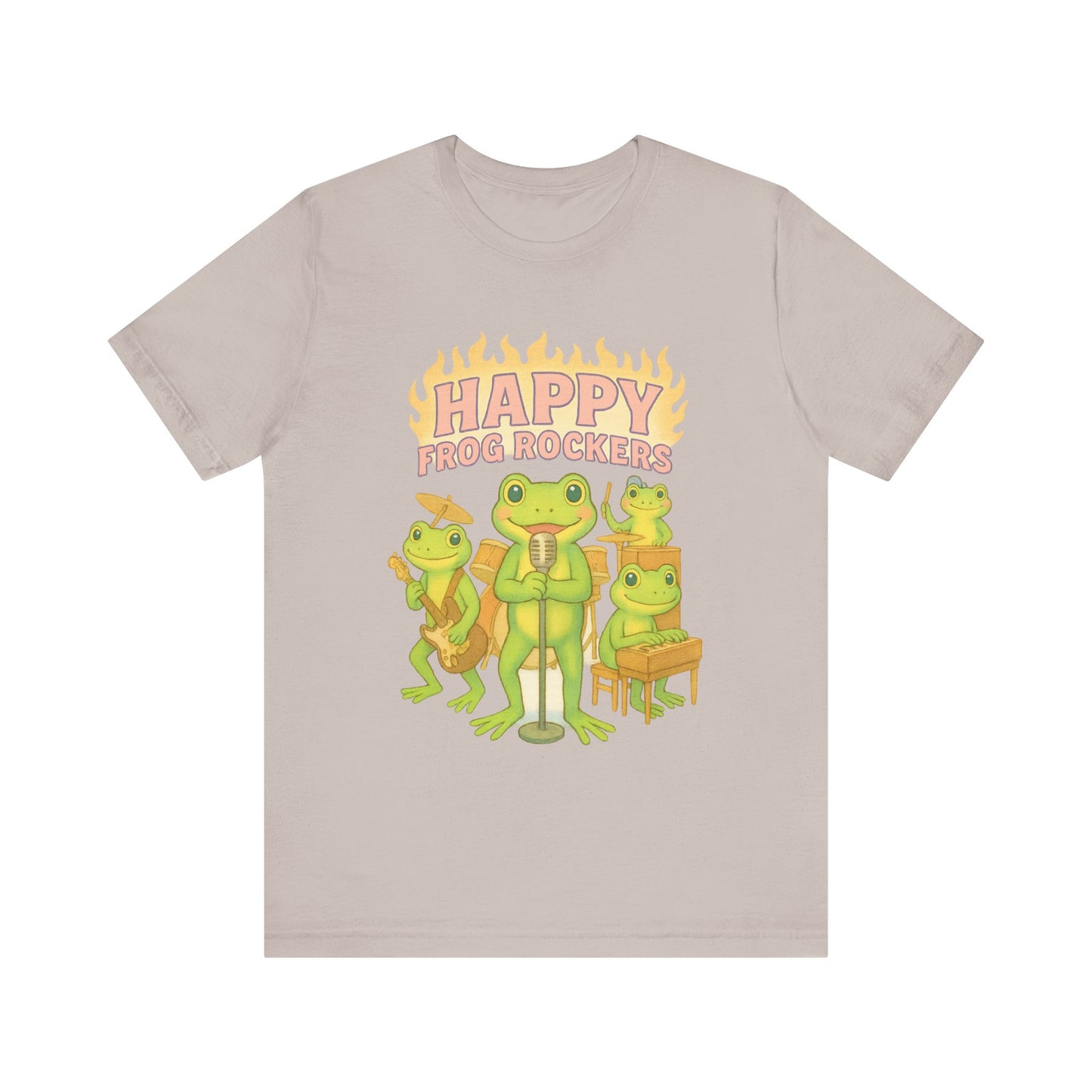 Happy Frog Rockers Album Cover Tee Cute Frog Band Shirt Vocal Guitar Piano Drums Pastel Art Gift for Music Lovers