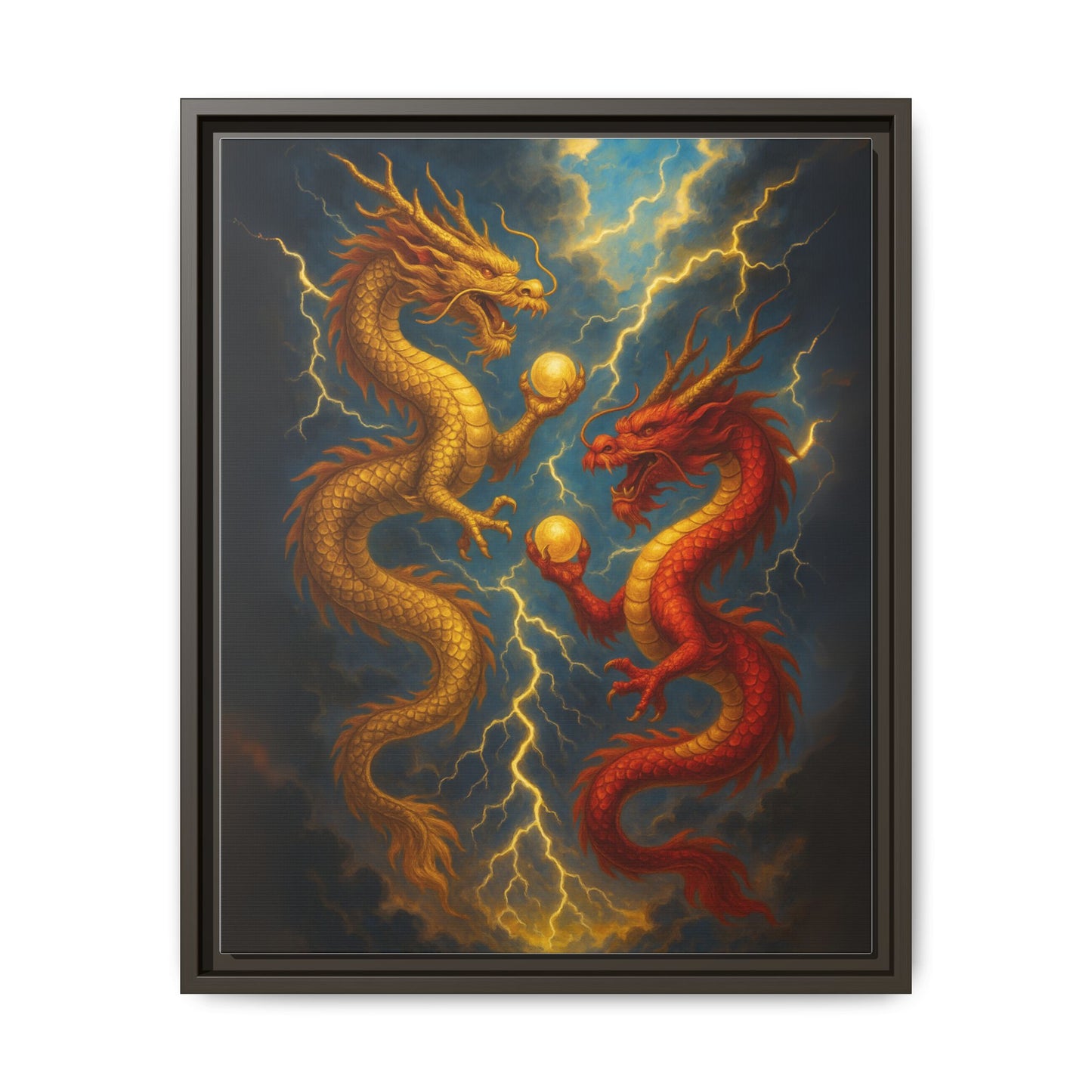 Golden and Red Twin Dragons Canvas Feng Shui Wall Art Lightning Storm Dragon Pearl Good Luck Decor Gift for Dad Living Room