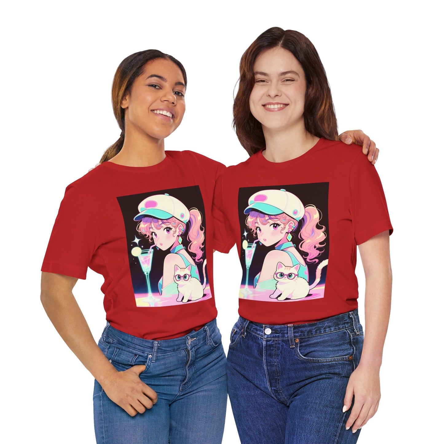 Retro Girl and Cat T Shirt Vaporwave Pastel Anime Shoujo Graphic Tee Neon Cocktail Aesthetic Kawaii Gift for Daughter or Dad Casual Streetwear