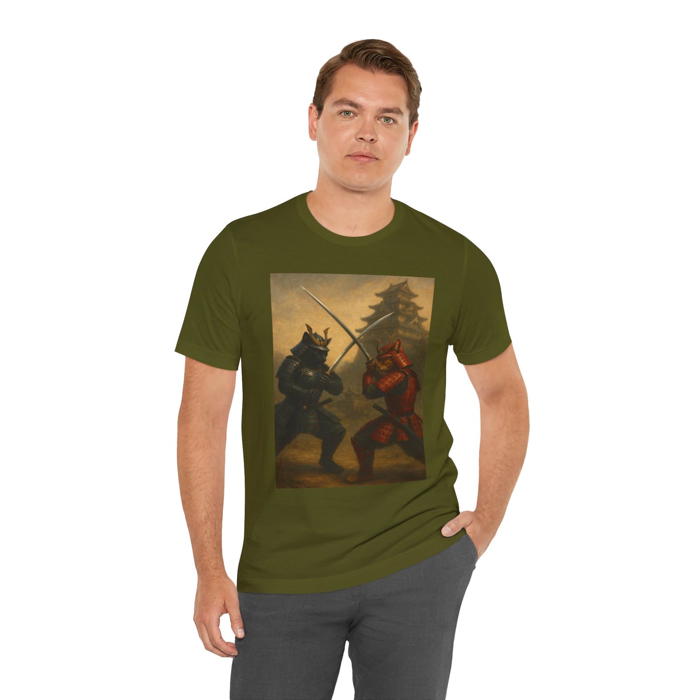 Epic Cat Samurai Battle Tee - War Horses Clash in Front of Japanese Castle  Feline Warrior Art Shirt for Fantasy & Japan Lovers