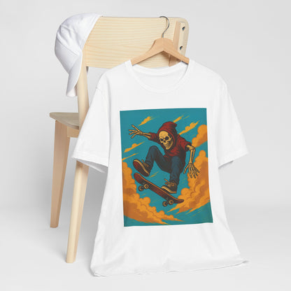 Skater Skeleton Hoodie Graphic Tee - Bold Comic Art Shirt for Men and Women - Colorful Streetwear T-Shirt for Skull and Skate Lovers